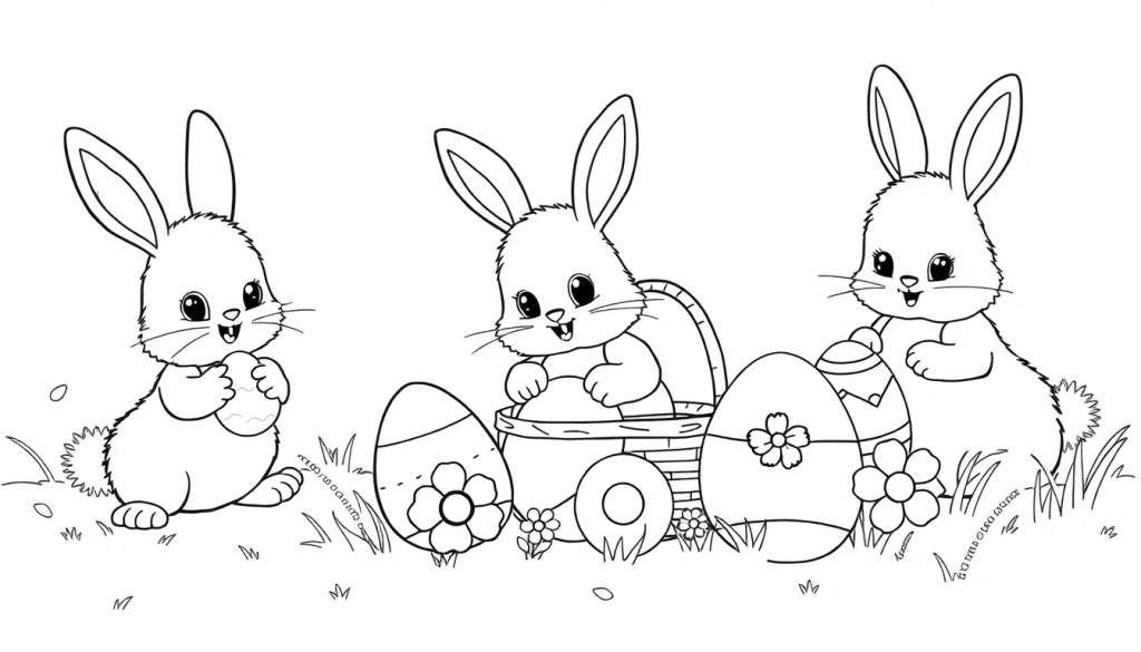 A black and white color panel line drawing of three bunnies with Easter eggs and grass.