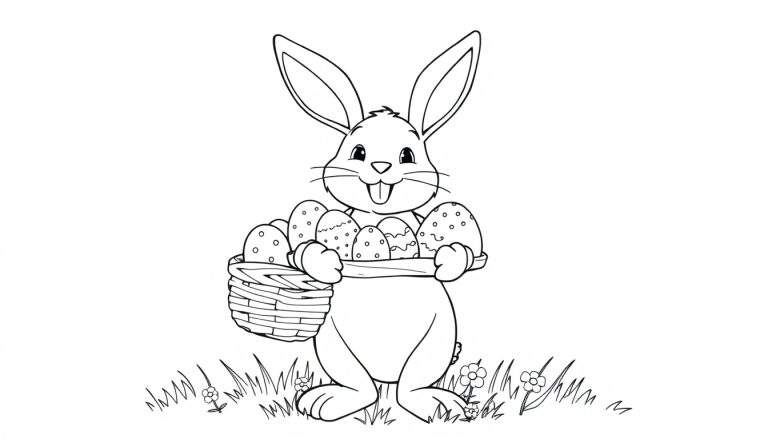 A black and white Easter bunny in a grassy field with a basket of eggs, ready for the color panel.