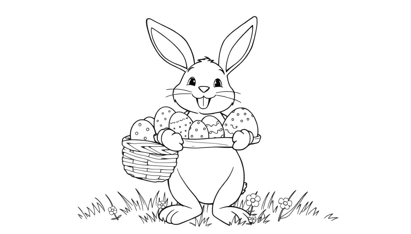 A black and white Easter bunny in a grassy field with a basket of eggs, ready for the color panel.