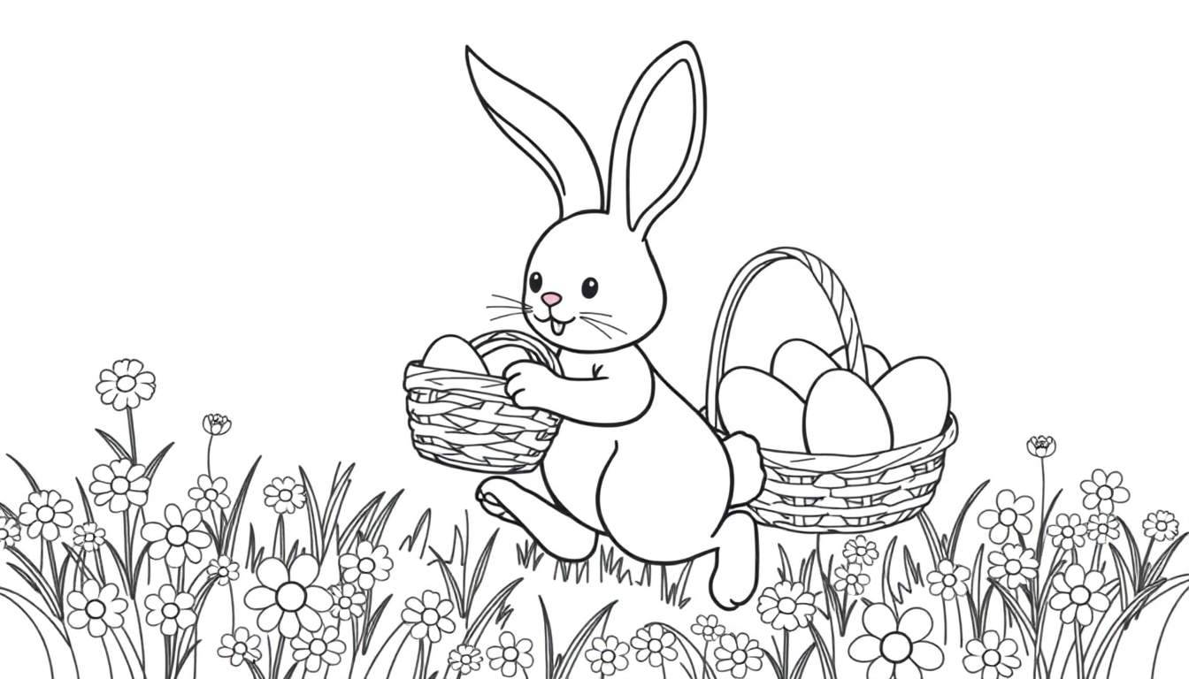 A cute Easter bunny with long ears holding two baskets full of Easter eggs, ready for coloring. This is a black and white illustration, a line art color panel.