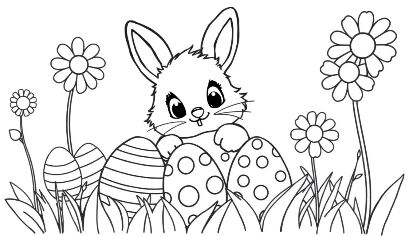 A black and white coloring page with a cute bunny peeking from behind Easter eggs and flowers. A fun color panel for kids.