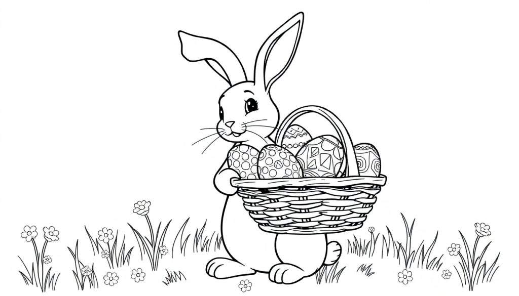 A friendly Easter bunny holding a basket of decorated eggs, ready for coloring. This is a black and white line art color panel.