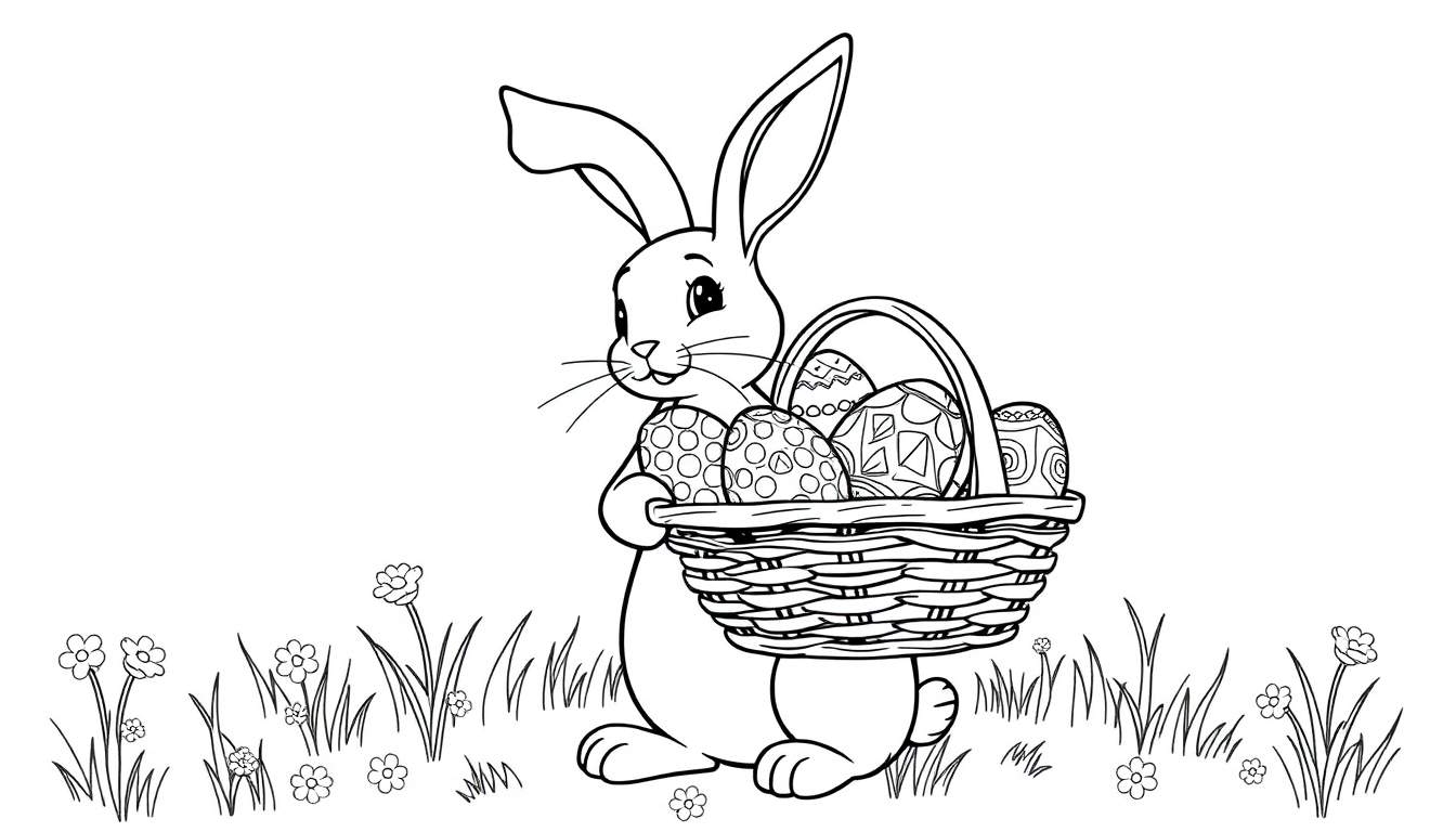 A friendly Easter bunny holding a basket of decorated eggs, ready for coloring. This is a black and white line art color panel.