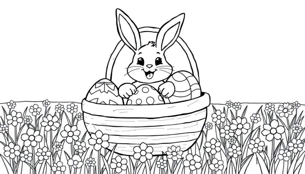 A cute bunny peeks out of an Easter basket filled with patterned eggs in a flower field, a black and white color panel for kids to color.