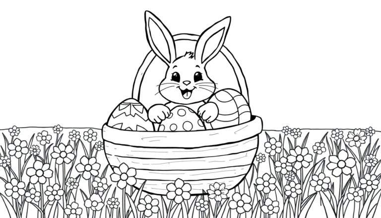 A cute bunny peeks out of an Easter basket filled with patterned eggs in a flower field, a black and white color panel for kids to color.