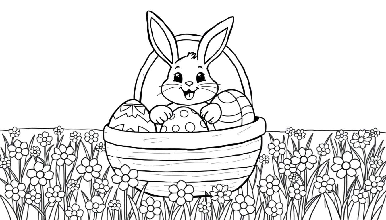 A cute bunny peeks out of an Easter basket filled with patterned eggs in a flower field, a black and white color panel for kids to color.