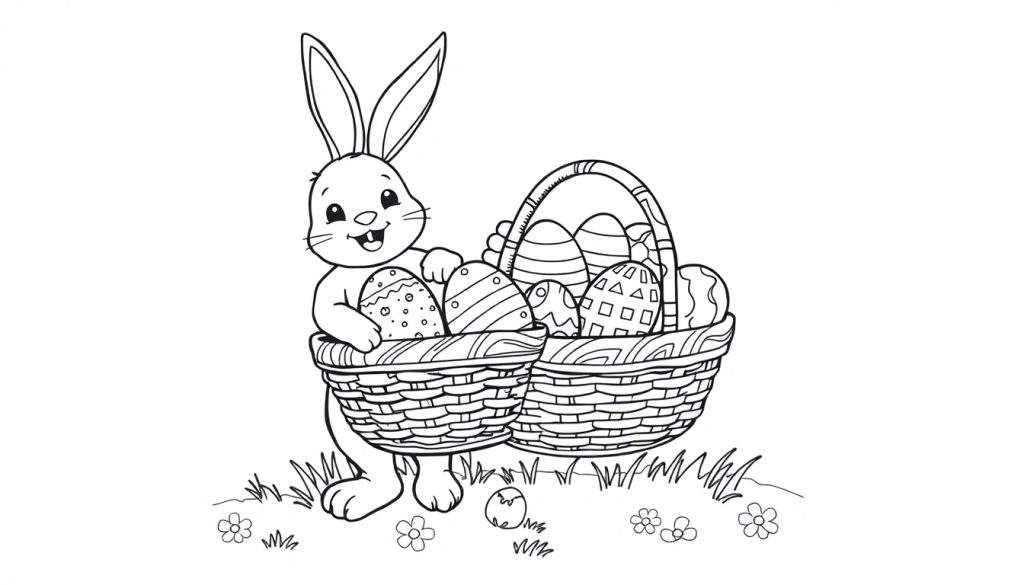 A cute Easter bunny with buck teeth stands holding a large woven basket filled with patterned Easter eggs. A single egg lies near grass and flowers at the base, ready for a coloring panel.