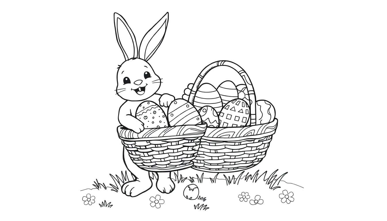A cute Easter bunny with buck teeth stands holding a large woven basket filled with patterned Easter eggs. A single egg lies near grass and flowers at the base, ready for a coloring panel.