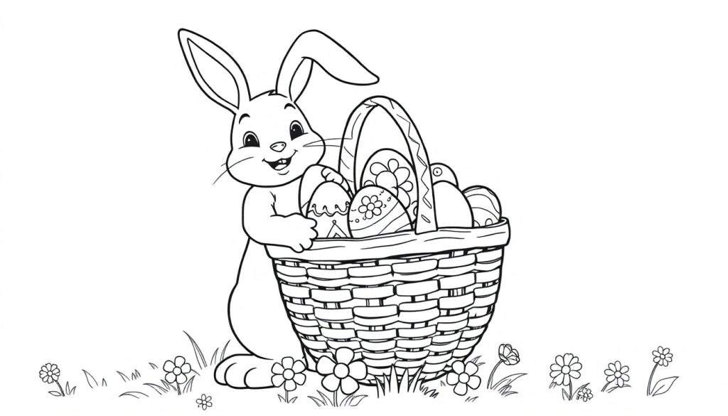 A smiling Easter bunny holding a basket of colorful eggs, ready to be colored on this fun color panel.