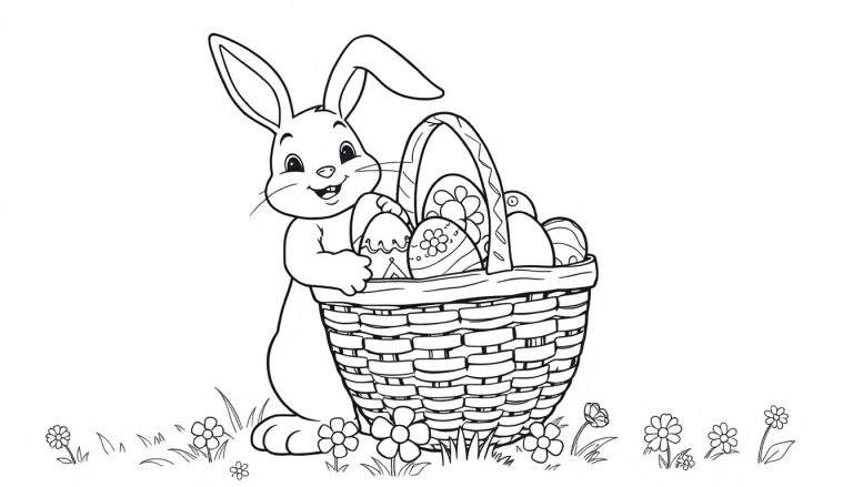 A smiling Easter bunny holding a basket of colorful eggs, ready to be colored on this fun color panel.