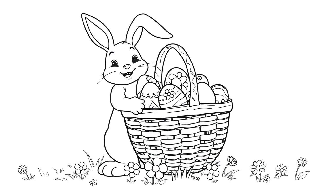 A smiling Easter bunny holding a basket of colorful eggs, ready to be colored on this fun color panel.