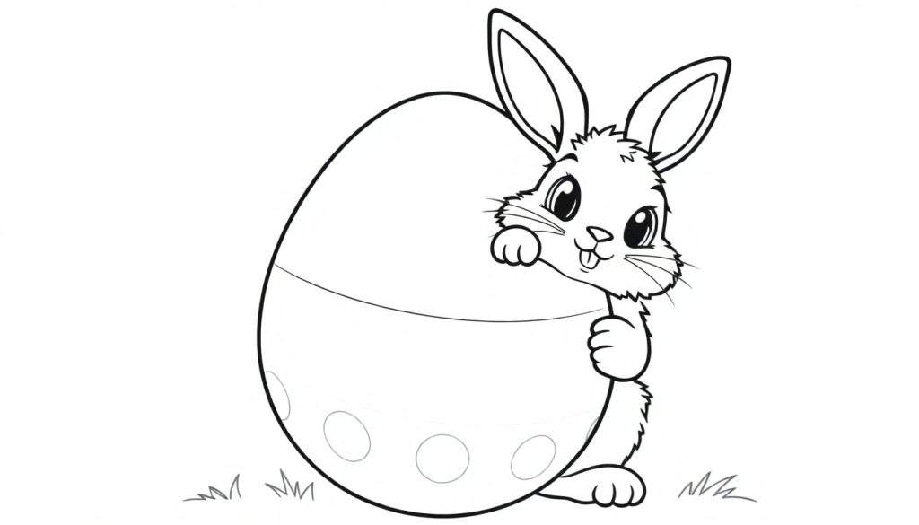 A cute bunny with big ears peeking from behind a large polka-dotted Easter egg, ready for coloring on this color panel.