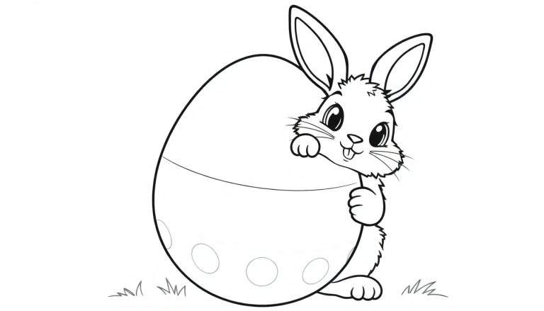 A cute bunny with big ears peeking from behind a large polka-dotted Easter egg, ready for coloring on this color panel.