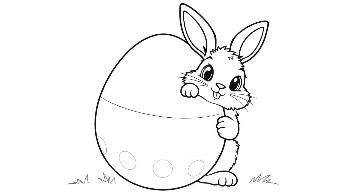 A cute bunny with big ears peeking from behind a large polka-dotted Easter egg, ready for coloring on this color panel.