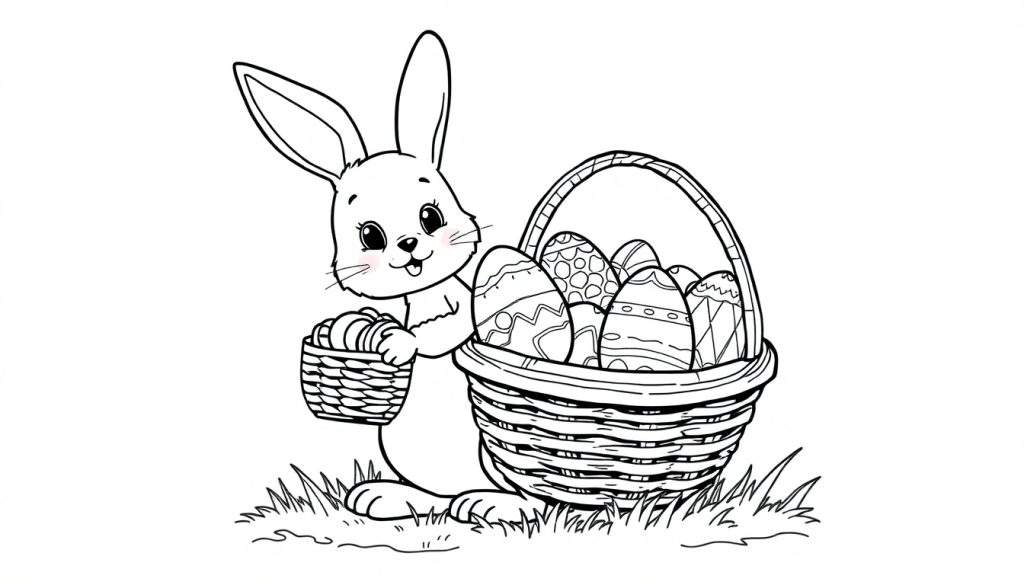 Black and white Easter bunny with two baskets, ready for a coloring panel.
