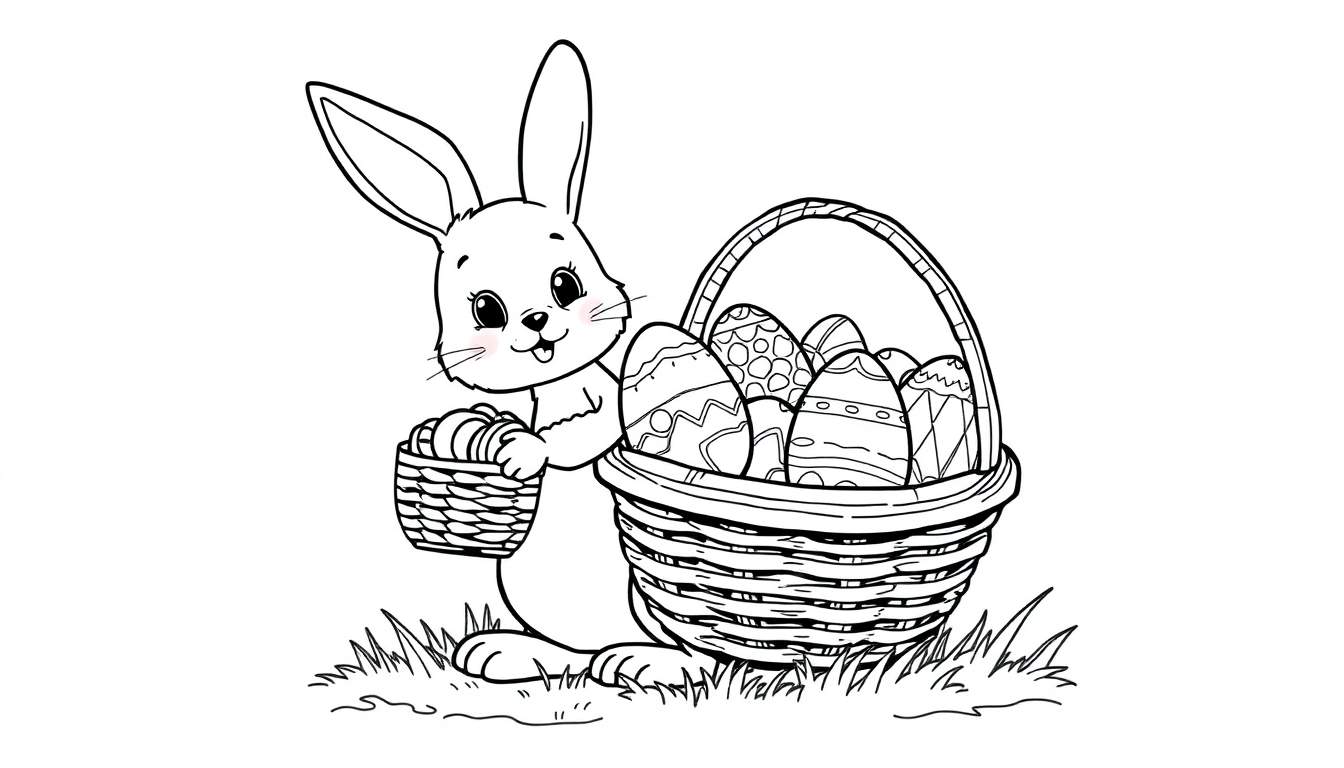 Black and white Easter bunny with two baskets, ready for a coloring panel.