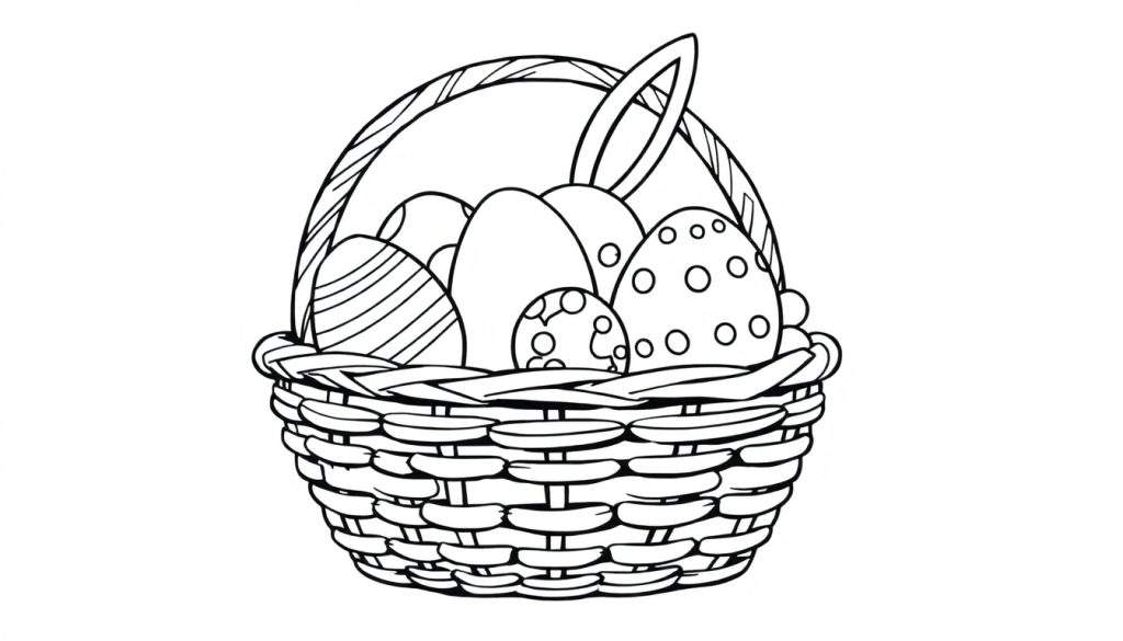 A black and white color panel Easter basket with decorated eggs and a bunny ear.