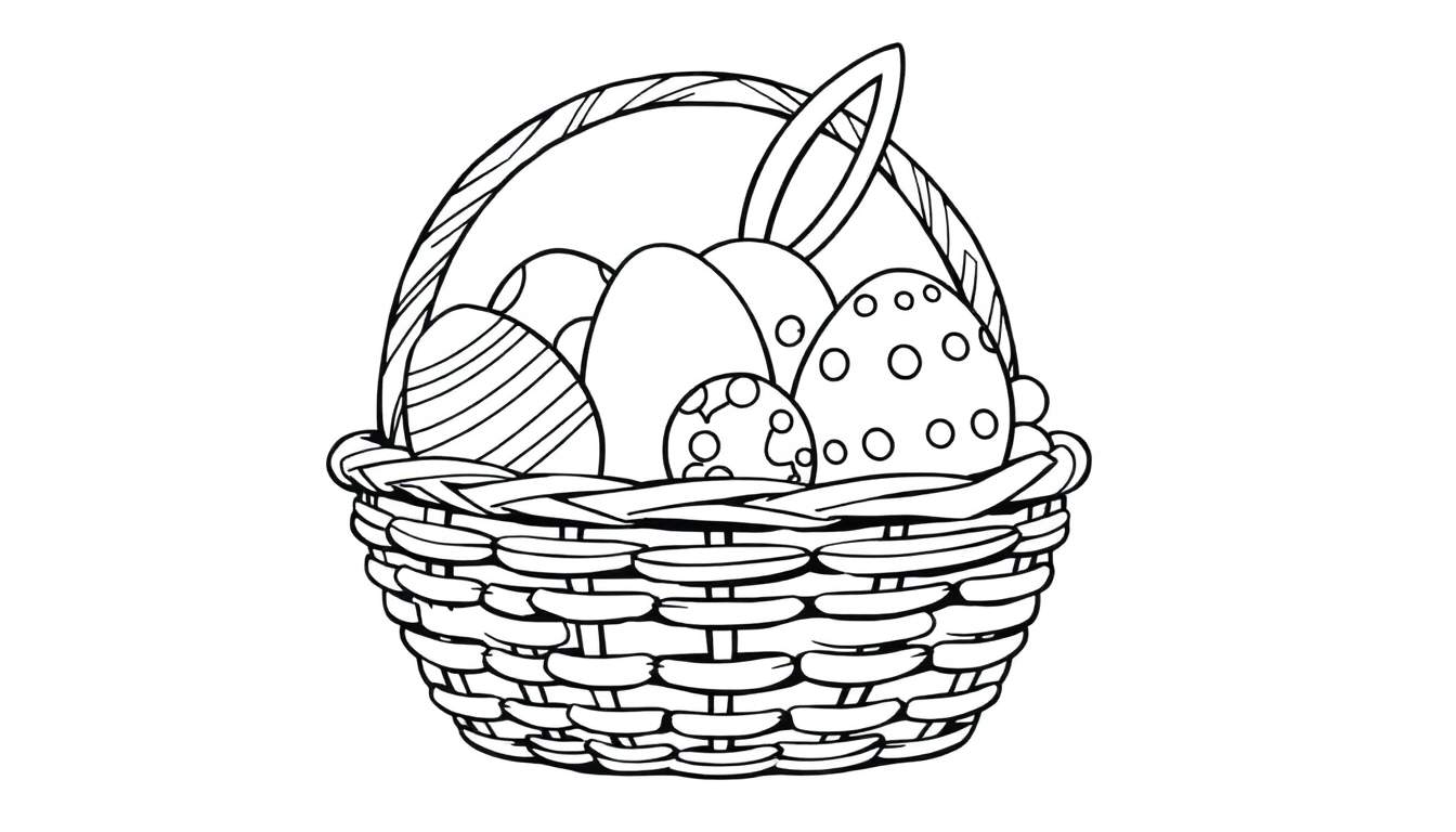 A black and white color panel Easter basket with decorated eggs and a bunny ear.