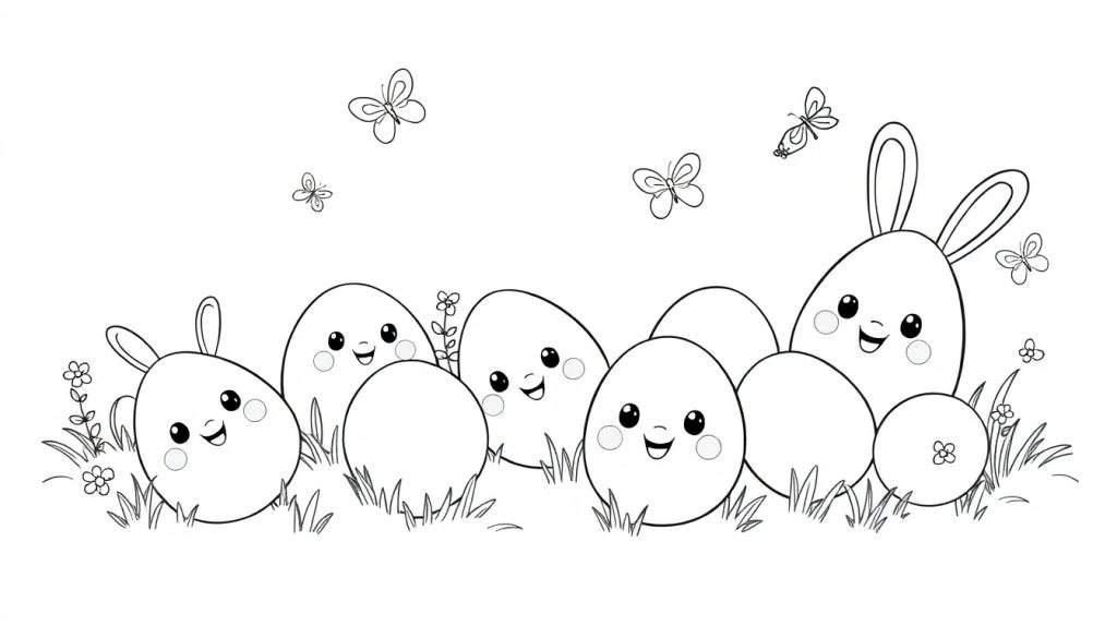 A black and white color panel of cute Easter eggs with bunny ears and happy faces in a field, with butterflies. This color panel is perfect for Easter.
