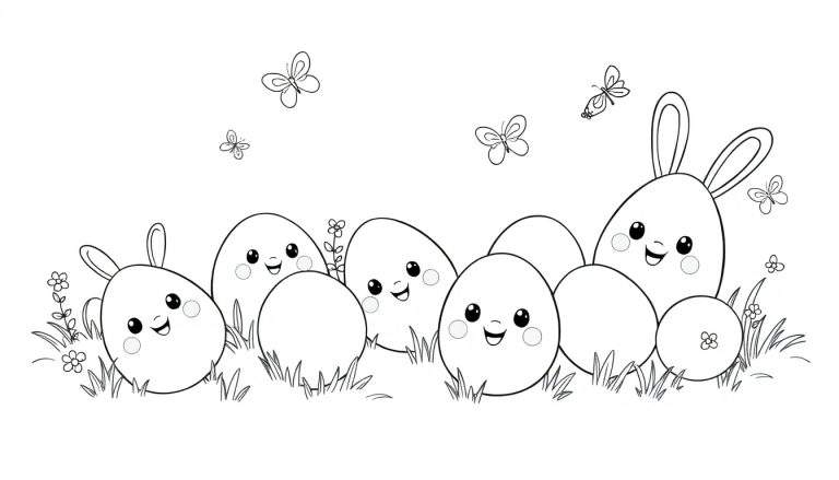 A black and white color panel of cute Easter eggs with bunny ears and happy faces in a field, with butterflies. This color panel is perfect for Easter.