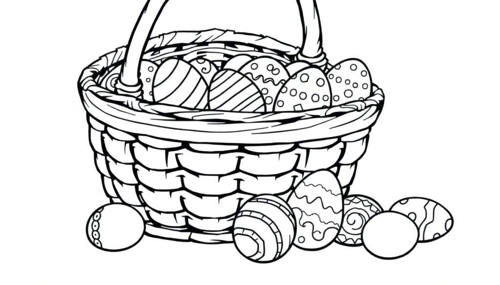 A black and white color panel of a woven Easter basket with a handle, filled with patterned eggs, and some eggs scattered around it.