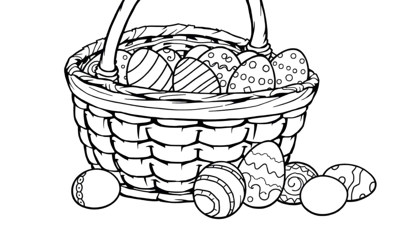 A black and white color panel of a woven Easter basket with a handle, filled with patterned eggs, and some eggs scattered around it.