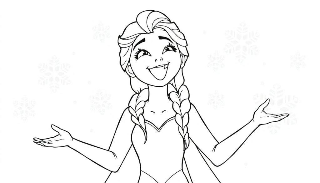 Elsa singing in a color panel, with snowflakes.