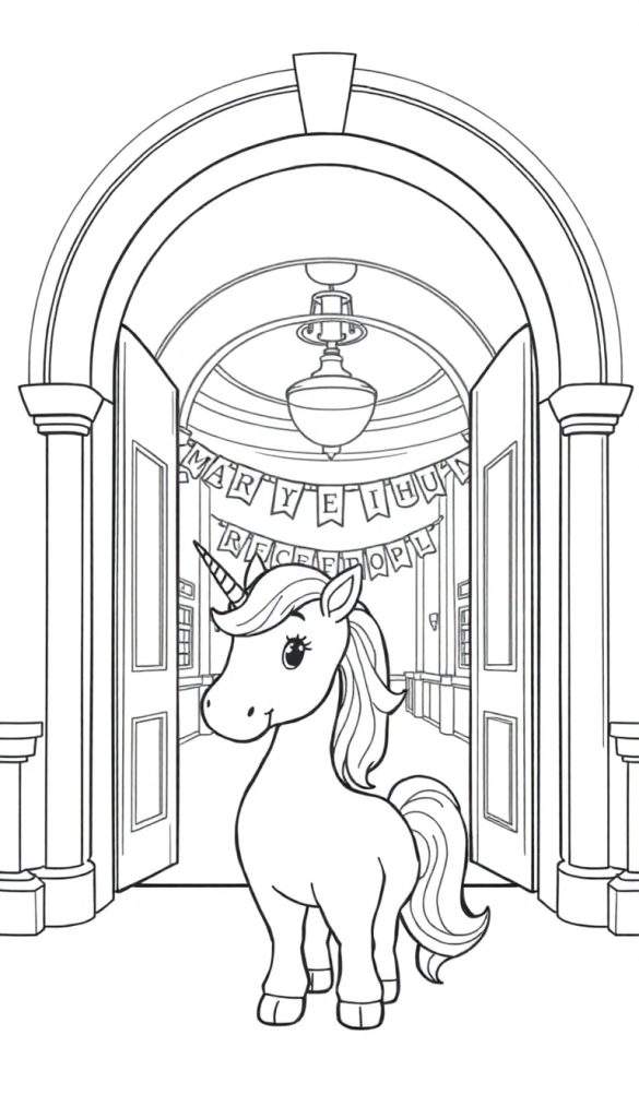 A whimsical fantasy cartoon school reception with a dragon, fairies, and glowing plants.
