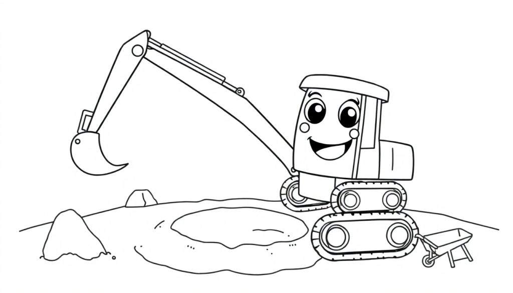 A friendly black and white cartoon excavator, ready for a color panel adventure, digging a big hole.