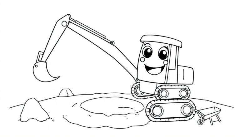 A friendly black and white cartoon excavator, ready for a color panel adventure, digging a big hole.