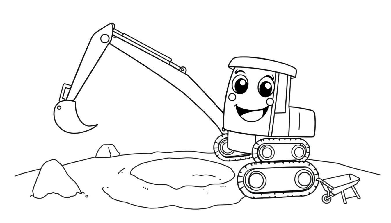 A friendly black and white cartoon excavator, ready for a color panel adventure, digging a big hole.