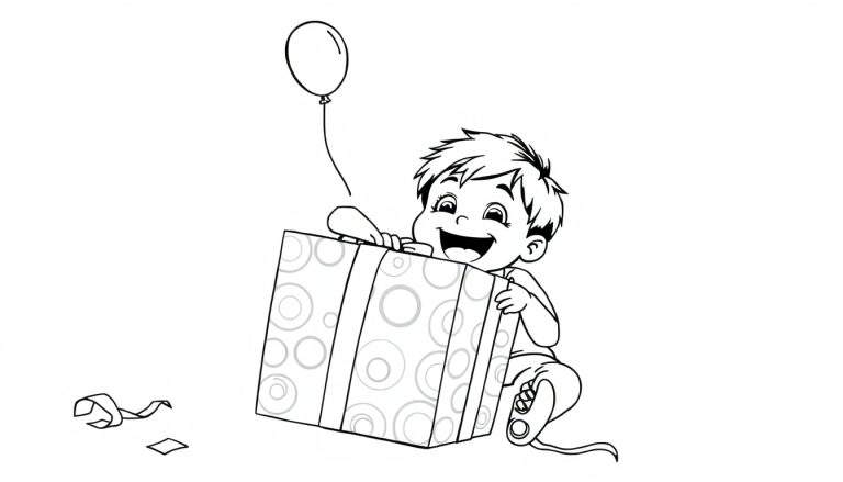 A happy child unwrapping a big present with a colorful color panel.