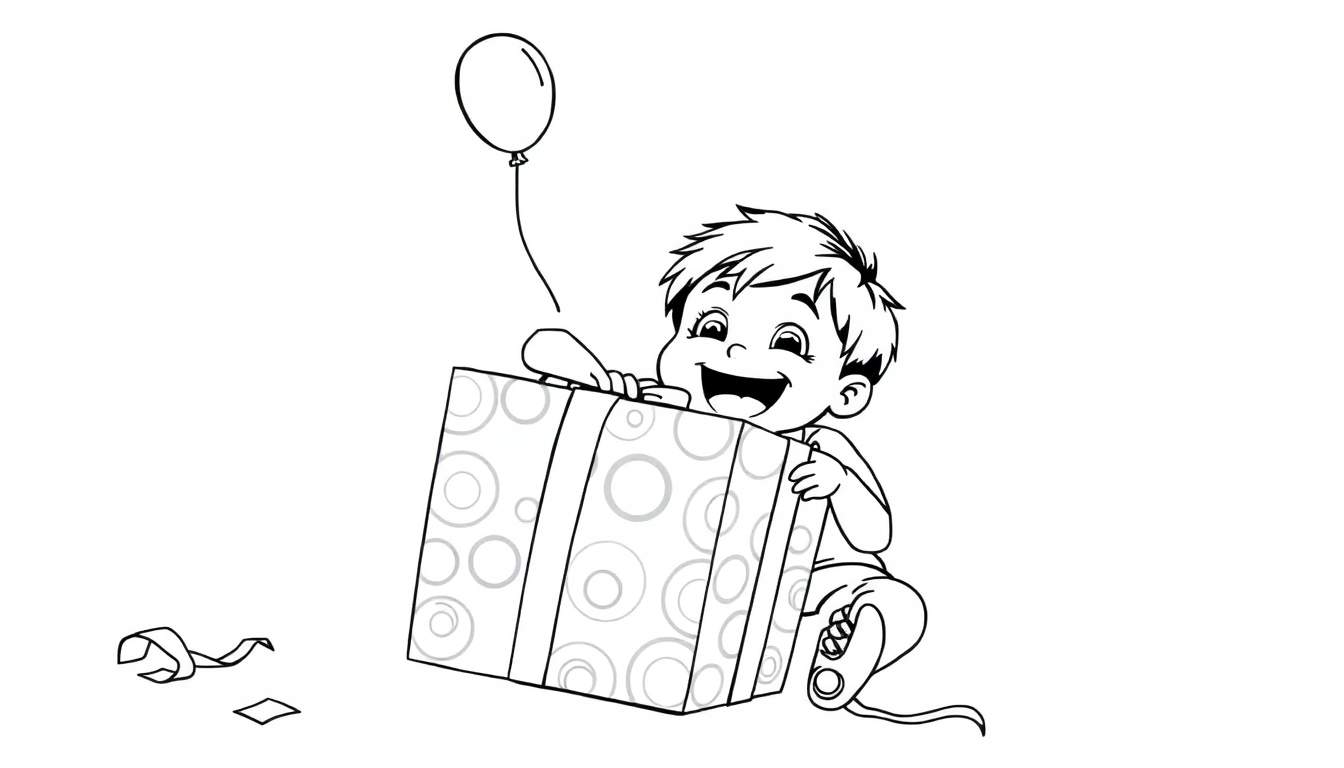 A happy child unwrapping a big present with a colorful color panel.