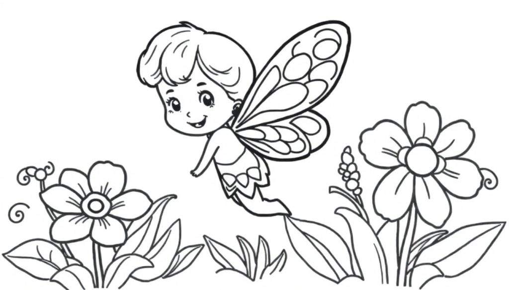 A cute chibi fairy with large eyes and short wavy hair, wearing a simple dress with bows, surrounded by simple rounded flowers and leaves in a black and white color panel.