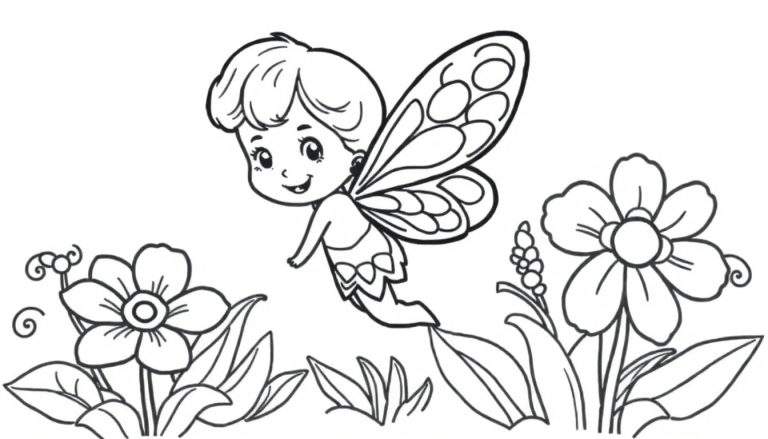 A cute chibi fairy with large eyes and short wavy hair, wearing a simple dress with bows, surrounded by simple rounded flowers and leaves in a black and white color panel.