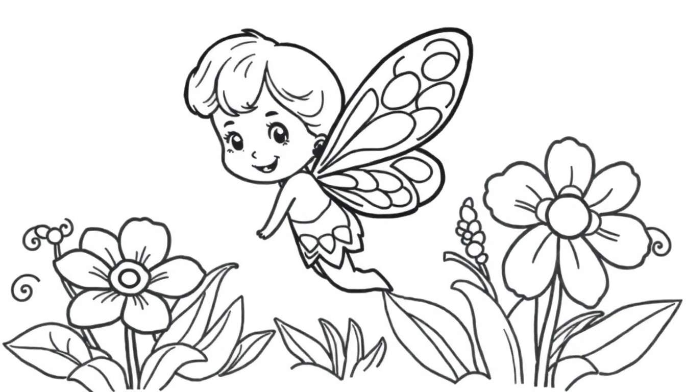 A cute chibi fairy with large eyes and short wavy hair, wearing a simple dress with bows, surrounded by simple rounded flowers and leaves in a black and white color panel.