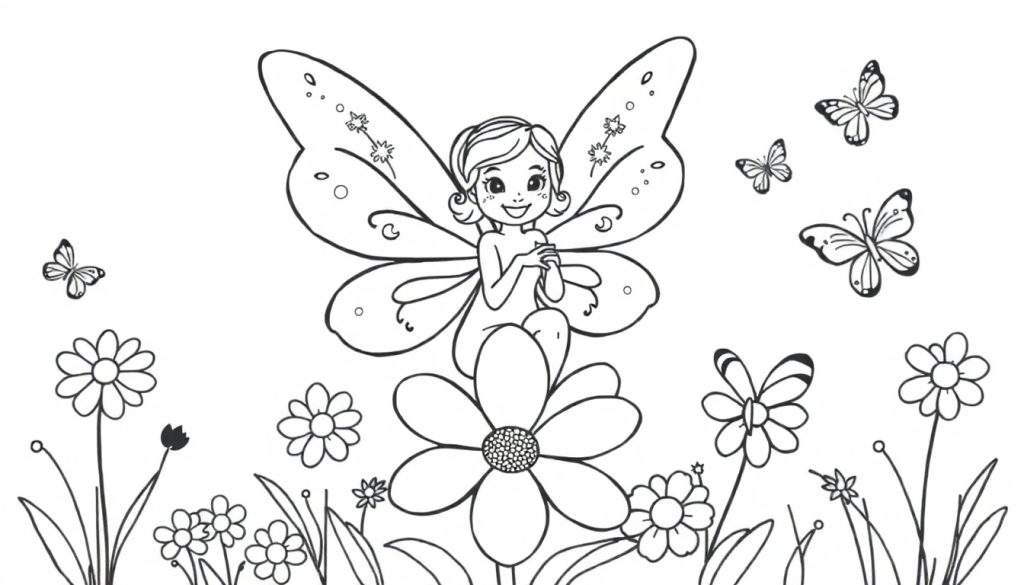 A black and white coloring page of a fairy with wings sitting on a big flower, surrounded by other flowers and butterflies. A fun color panel awaits!
