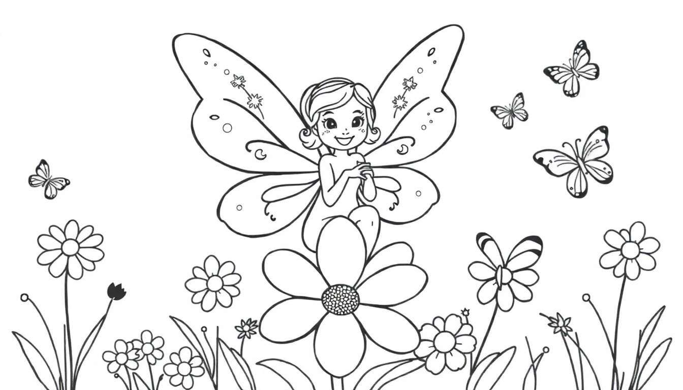 A black and white coloring page of a fairy with wings sitting on a big flower, surrounded by other flowers and butterflies. A fun color panel awaits!