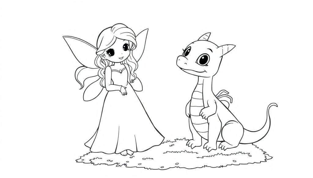 A smiling fairy and a smiling dragon on a grass color panel.