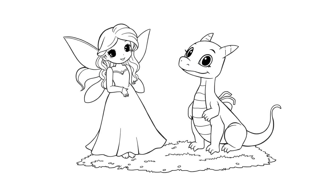A smiling fairy and a smiling dragon on a grass color panel.