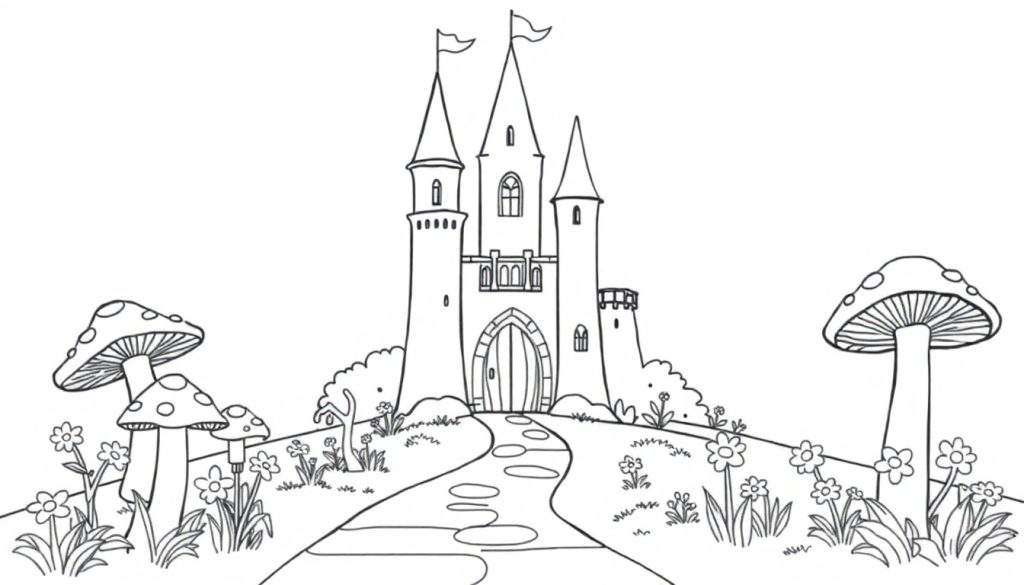 A whimsical castle line drawing for a color panel.