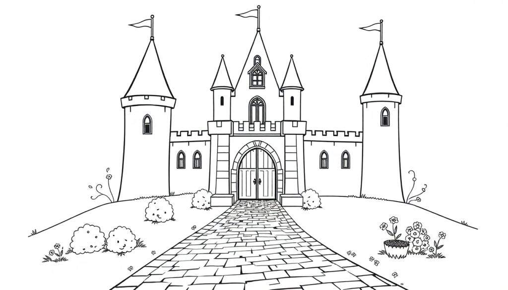 A black and white drawing of a fairytale castle with a winding path, perfect for a color panel.