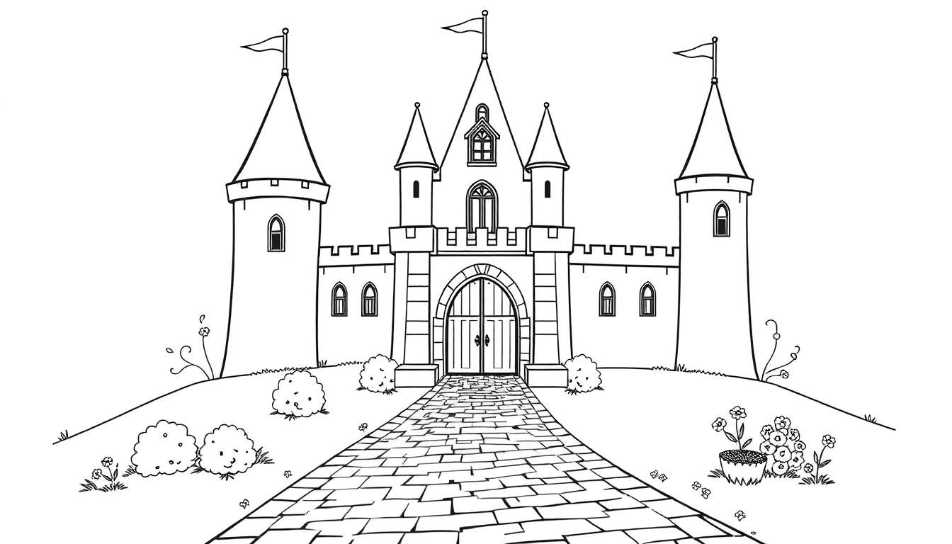 A black and white drawing of a fairytale castle with a winding path, perfect for a color panel.
