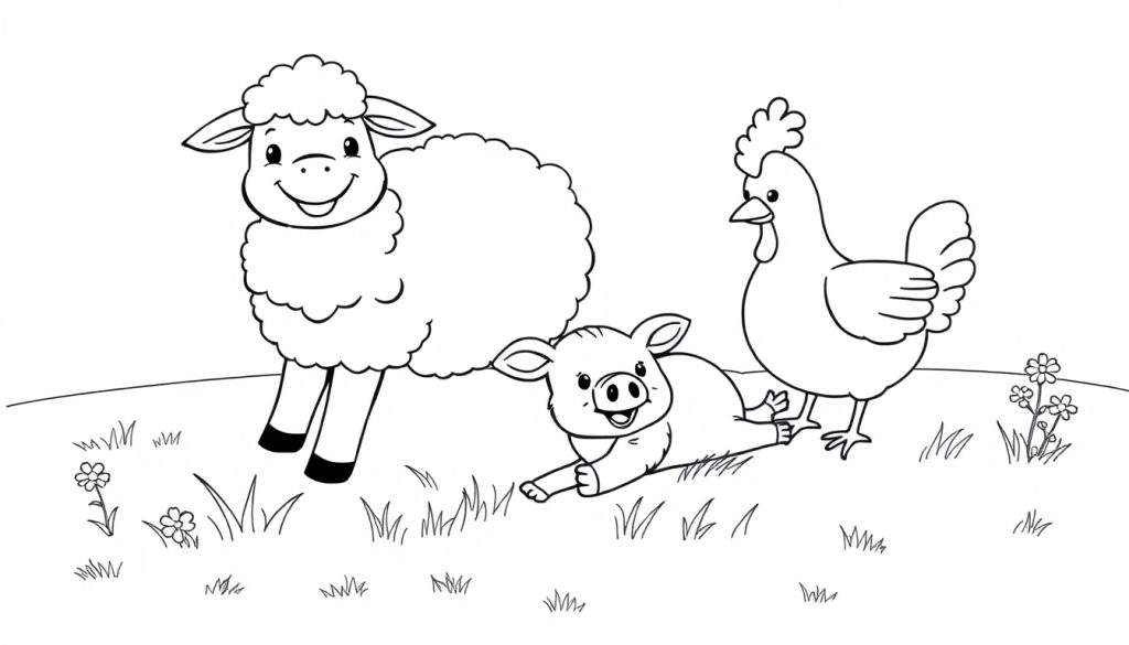 A black and white color panel of a fluffy sheep, a happy pig, and a clucking hen on a grassy field with flowers.