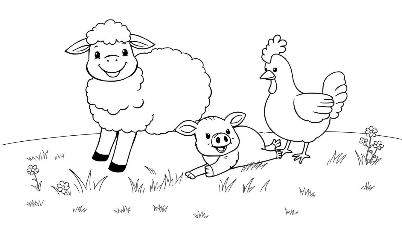 A black and white color panel of a fluffy sheep, a happy pig, and a clucking hen on a grassy field with flowers.
