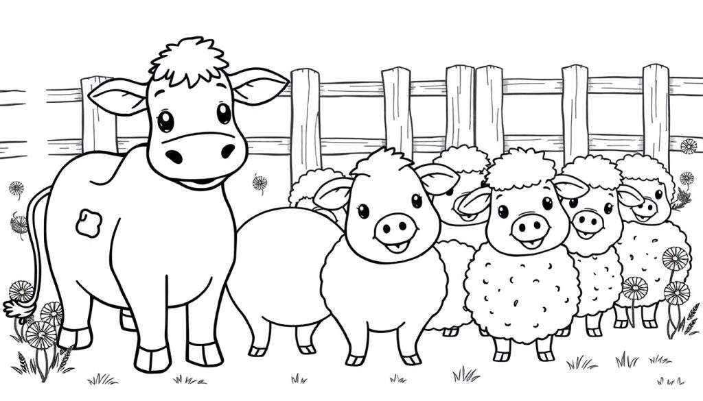 A black and white cartoon of a cow, piglet, and sheep in a field, ready for coloring, as a color panel.