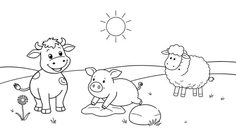 A cheerful farm scene in a black and white color panel, featuring a spotted cow, a pig in mud, and a fluffy sheep.