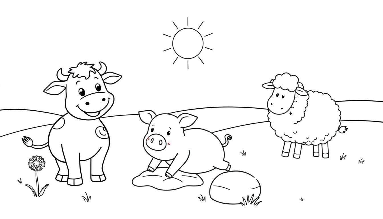 A cheerful farm scene in a black and white color panel, featuring a spotted cow, a pig in mud, and a fluffy sheep.