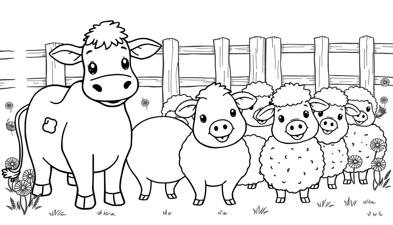 A black and white cartoon of a cow, piglet, and sheep in a field, ready for coloring, as a color panel.