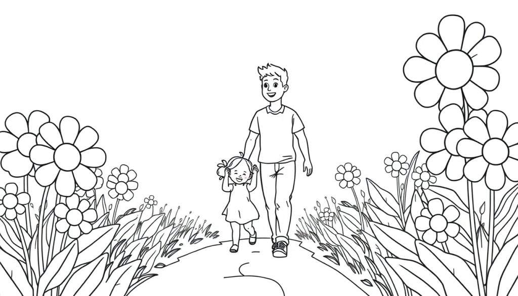 A black and white color panel illustration of a smiling father and daughter holding hands, walking through a field of large daisy-like flowers.